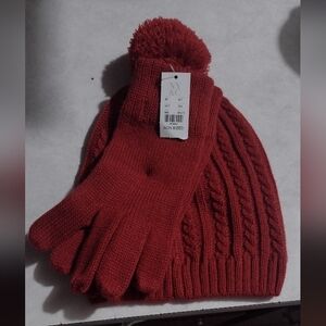 New York & Company Women's Red Knit Hat & Glove Set